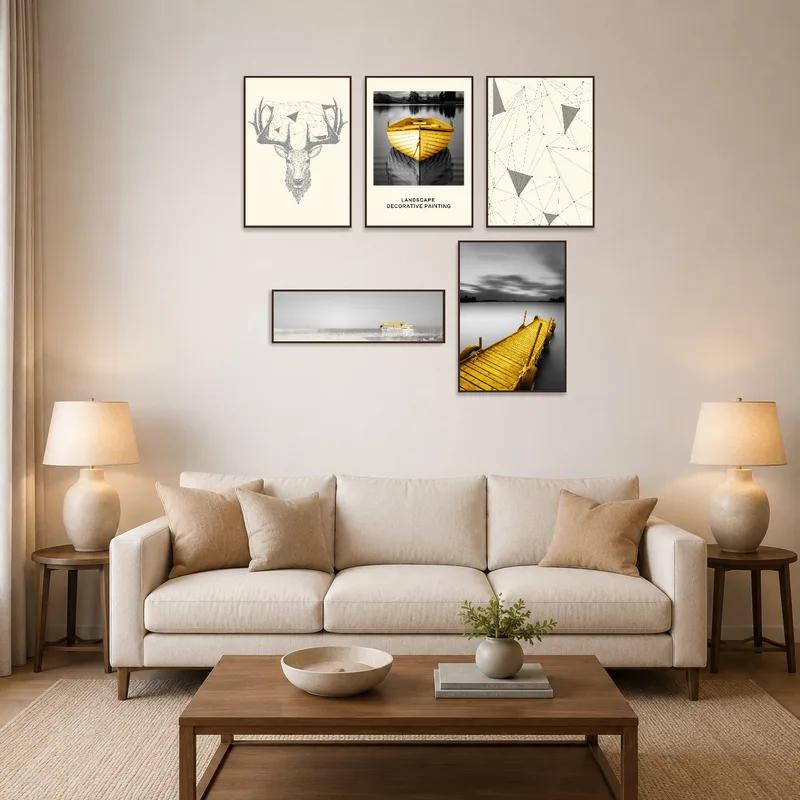 Art set with geometric nature and nautical yellow design above a modern living room sofa.