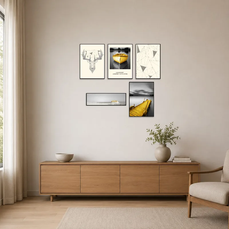 Geometric nature and nautical yellow art set on a minimalist white wall.