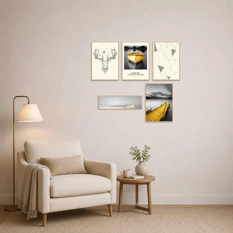 Art set with geometric shapes and nautical yellow tones in a cozy reading corner.