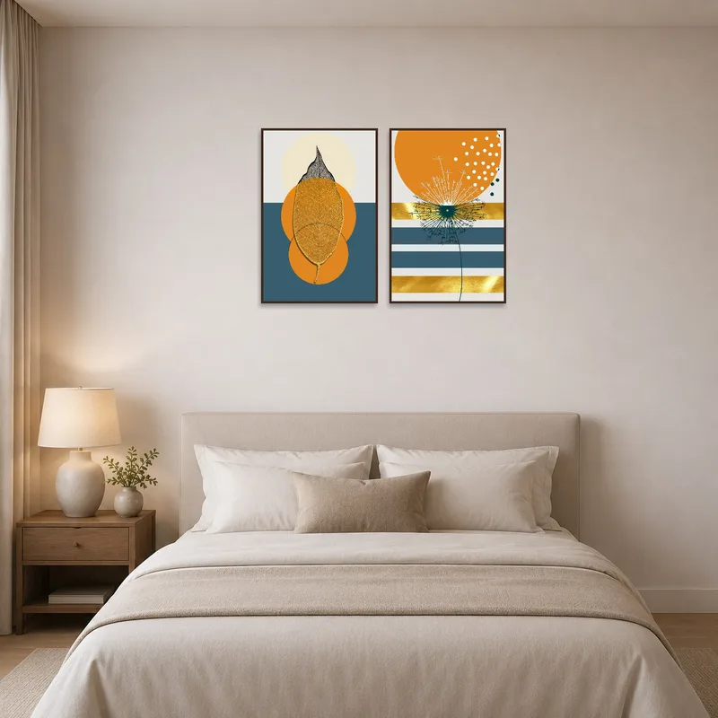 Leaf and dandelion artwork enhancing bedroom tranquility.