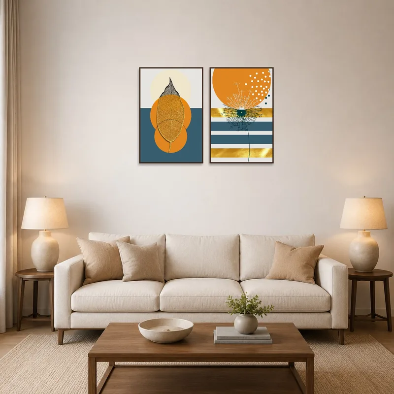 Geometric leaf and dandelion prints in a stylish living-room setup.
