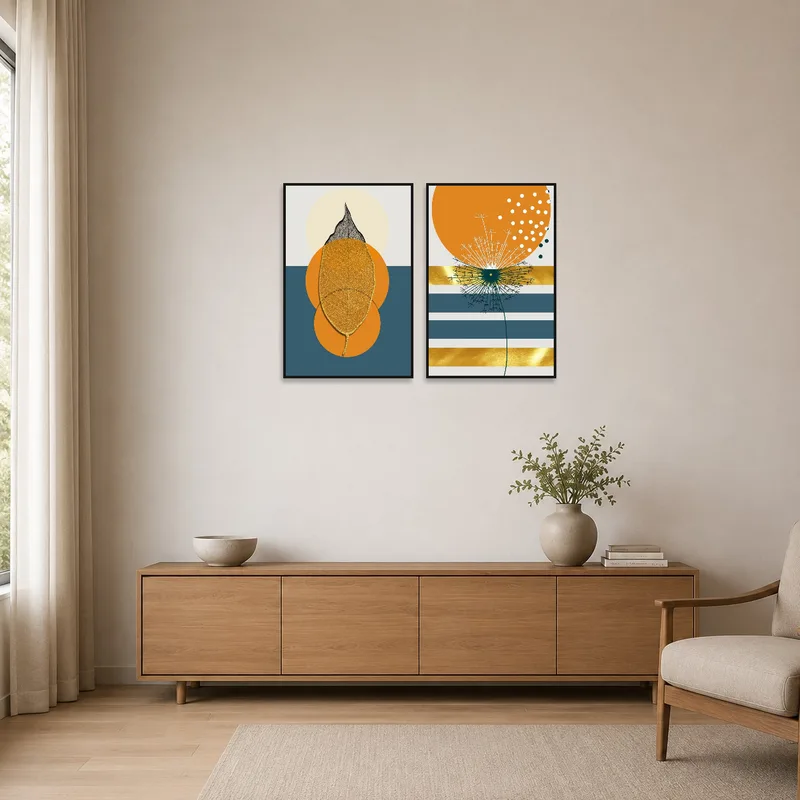 Simple geometric leaf and dandelion duo on a minimalist wall.