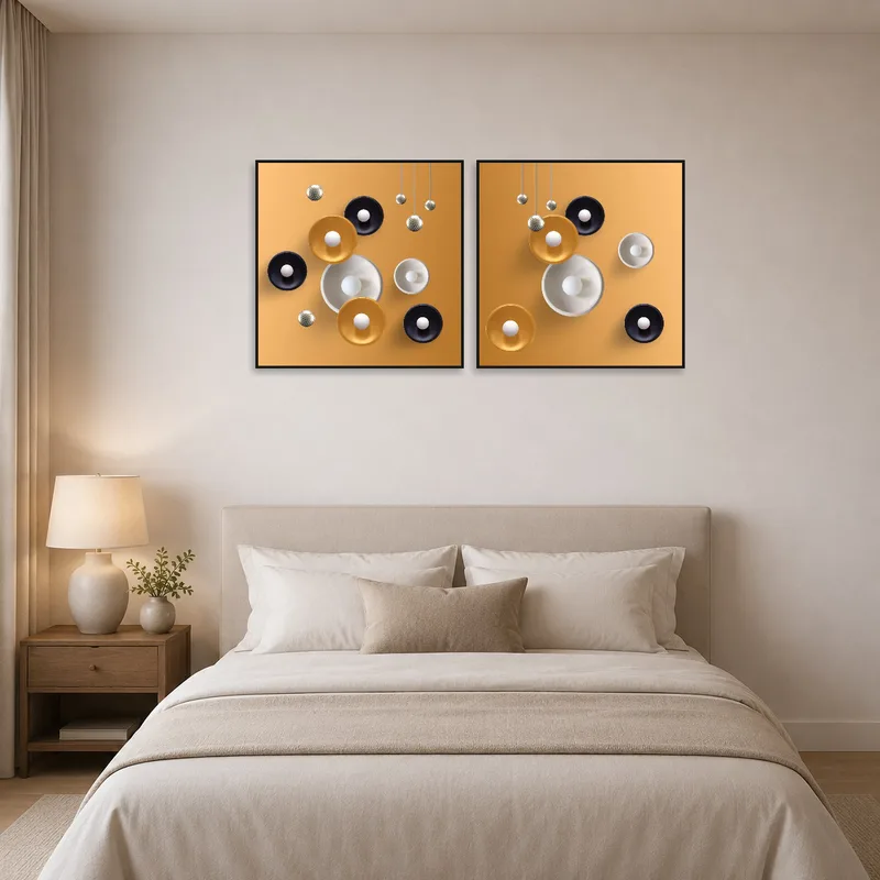 A serene bedroom features geometric orb art set with metallic highlights.