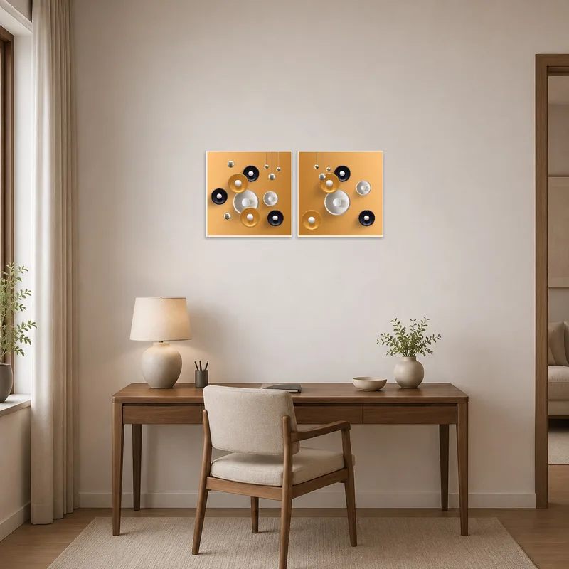 Geometric orbs with metallic accents inspiring creativity in a home office.