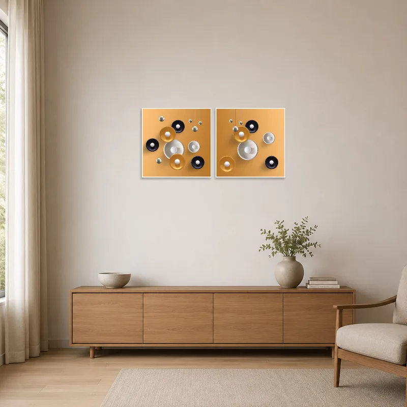 Simple geometric orb art set contrasting a minimalist space.