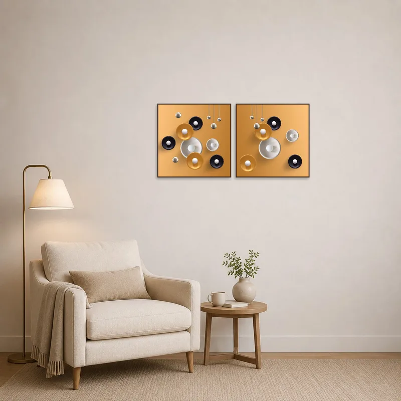 Artistic orbs with metallic details adding flair to a cozy reading nook.