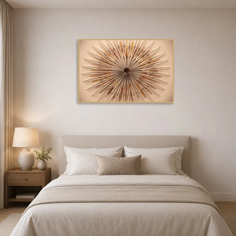 Geometric origami art piece bringing harmony to a tranquil bedroom setting.