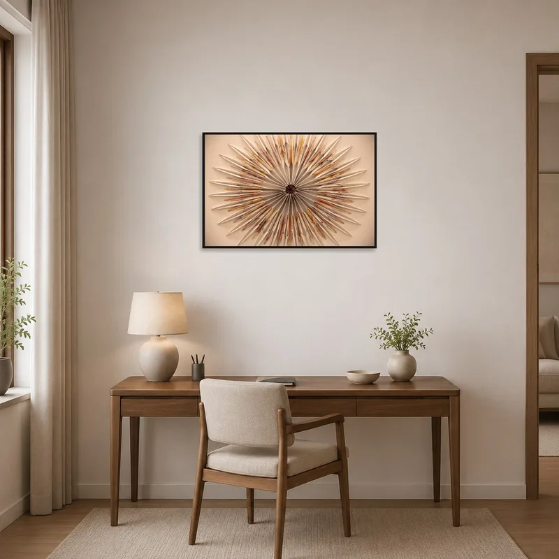 Circular origami design inspiring creativity in a contemporary home office.