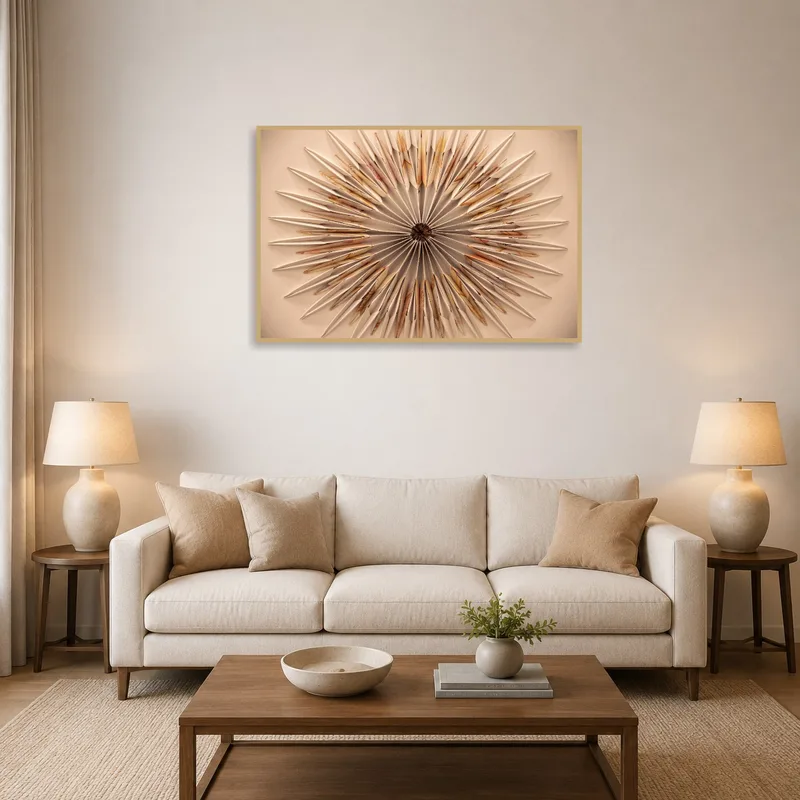 Geometric origami-inspired circular art on a living room wall above a modern sofa.
