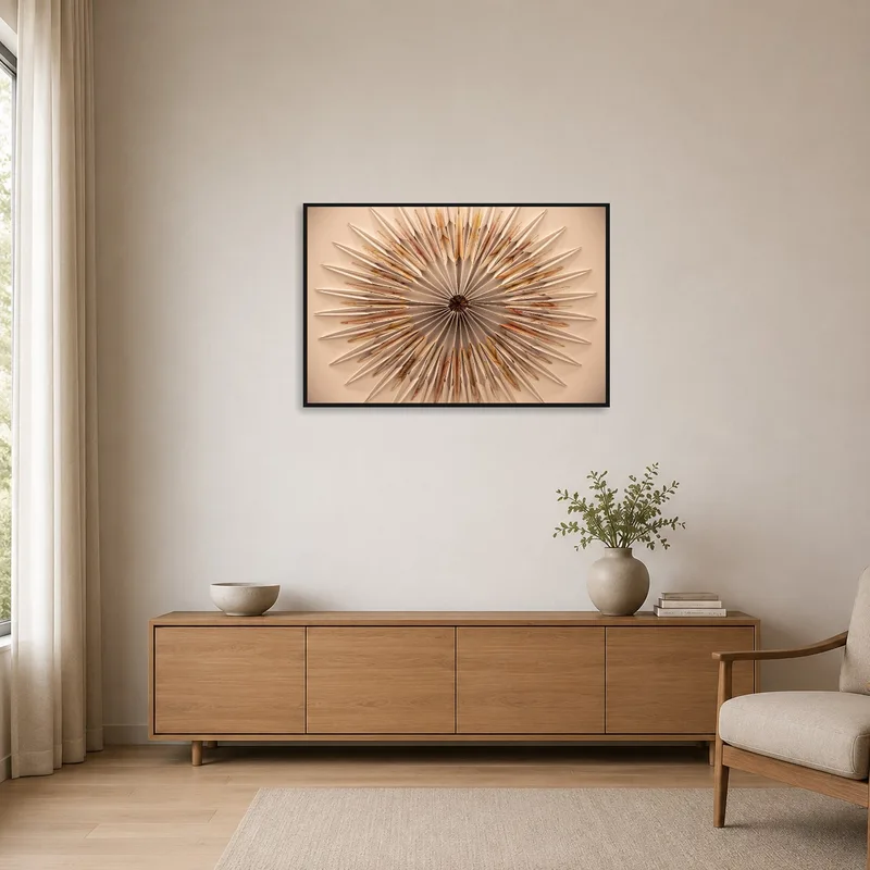 Simple geometric origami circular art enhancing a clean, minimalist room.