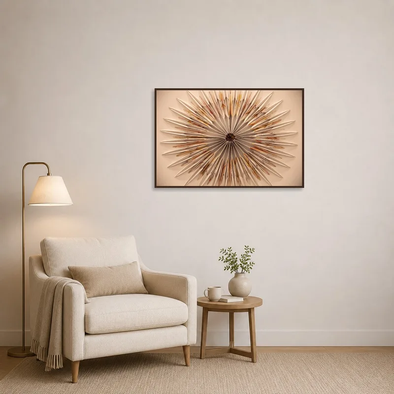 Circular origami-inspired art in a cozy reading corner next to bookshelves.