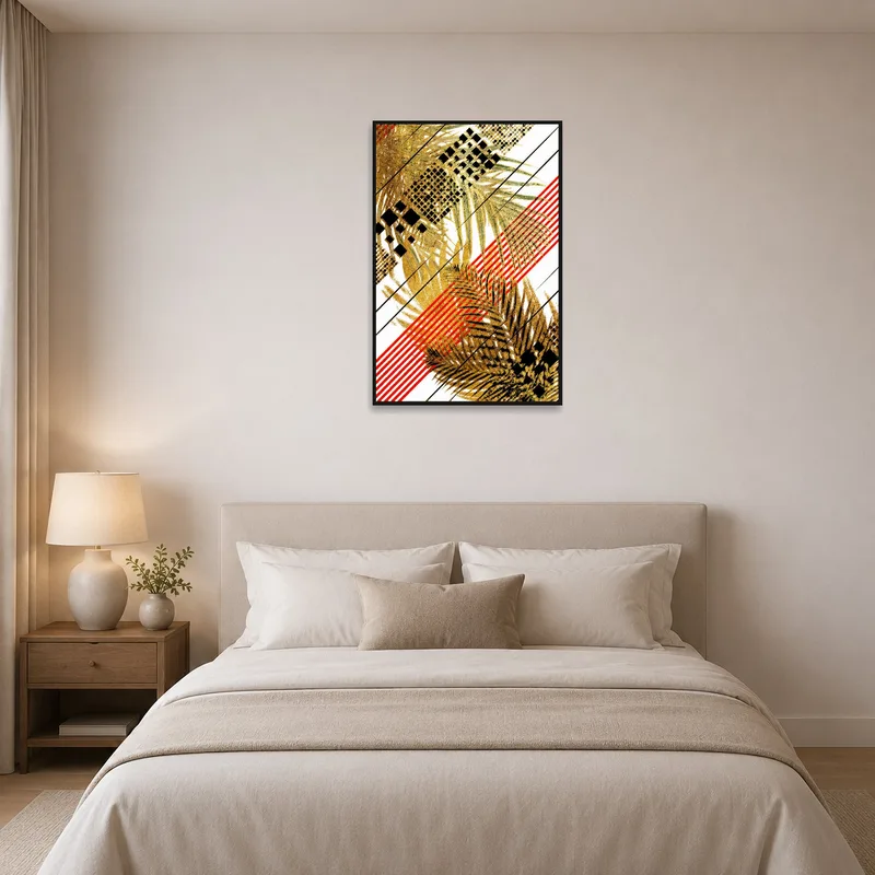Serene bedroom with abstract geometric palm leaves print on the wall.