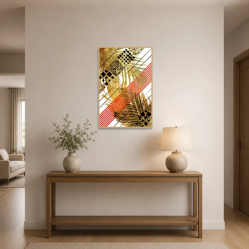Entrance hall adorned with abstract geometric palm leaves print.