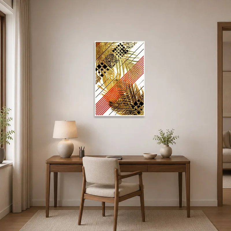 Home office enhanced by an abstract print of geometric palm leaves.
