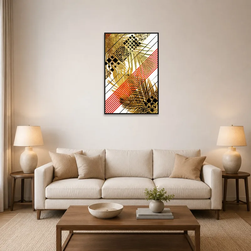 Abstract print of geometric palm leaves in a stylish living room setting.