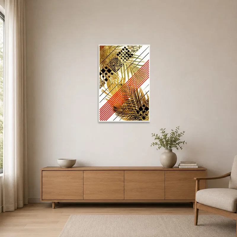 Minimalist room with an abstract print featuring geometric palm leaves.