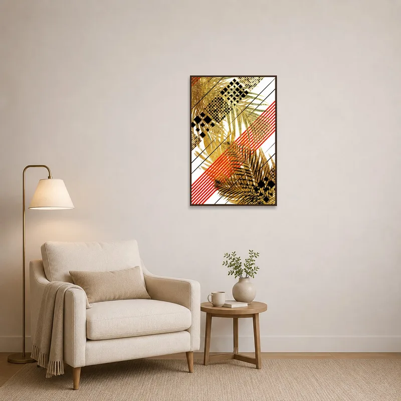 Cozy reading corner featuring an abstract print of geometric palm leaves.
