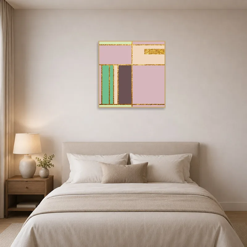 Bedroom wall adorned with geometric pastel art featuring gold accents.
