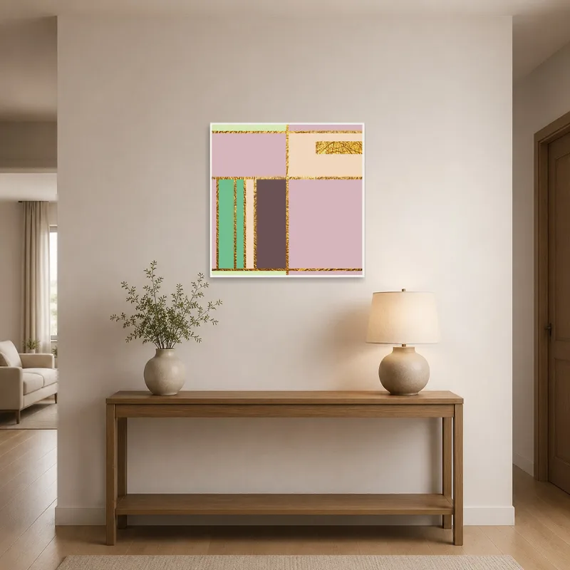 Geometric pastel elegance with gold accents greets guests in the entrance hall.