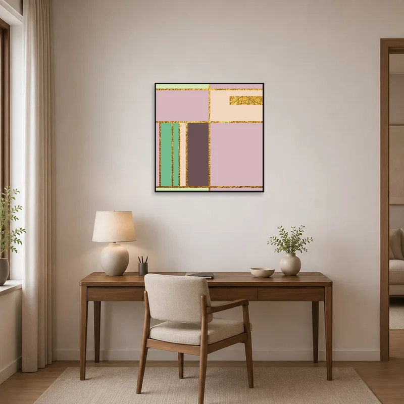 Home office wall with a touch of sophistication from geometric pastel art with gold accents.