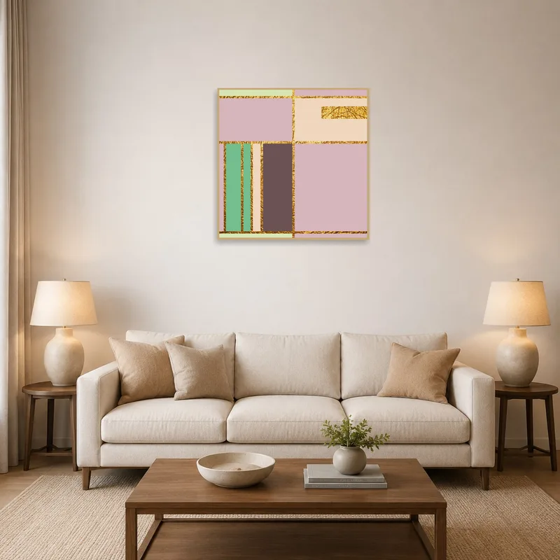 Geometric pastel art with gold accents on a living room wall above a modern sofa.