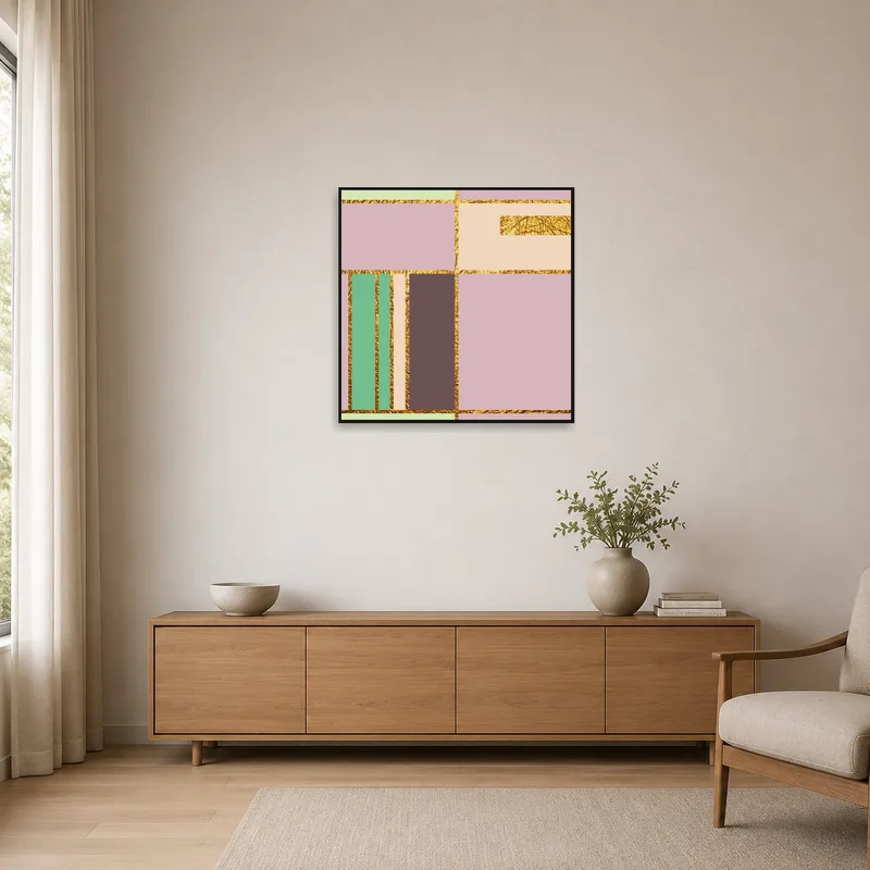 Minimalist room featuring geometric pastel art with gold accents as the focal point.