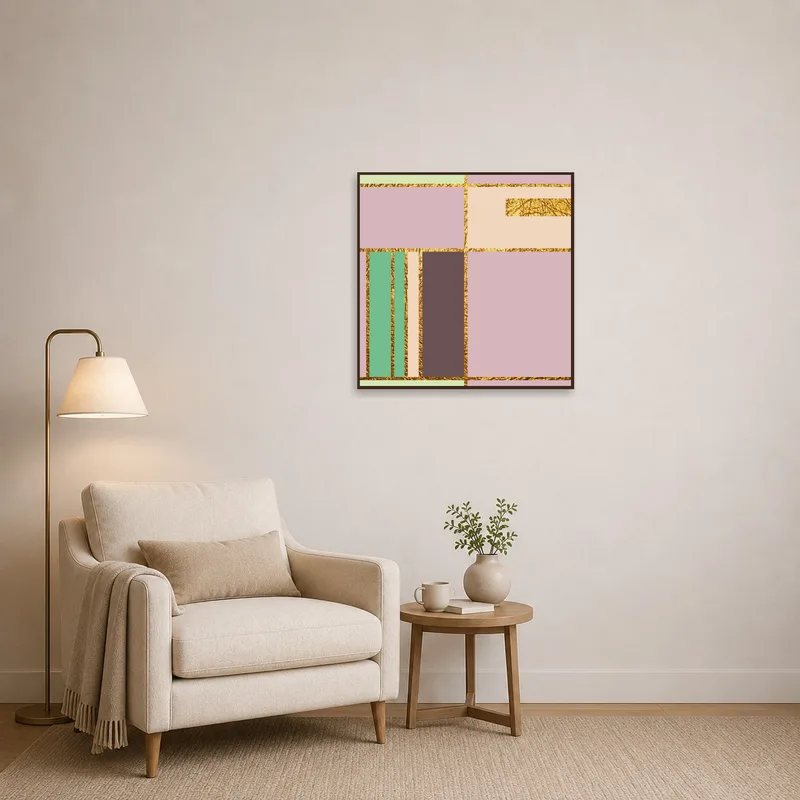 Cozy reading corner adorned with geometric pastel art with gold accents.