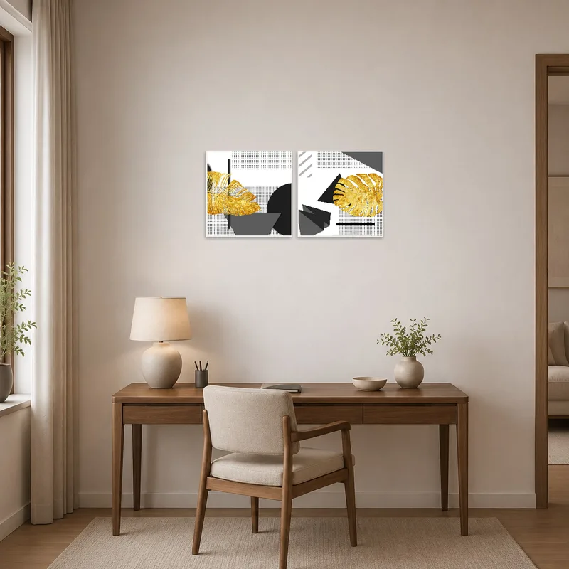 Sophisticated geometric artwork and gold detailing adding flair to a home office space.