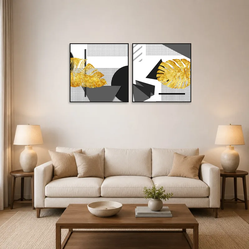 Geometric patterned artwork with gold accents on living room wall, adding a modern touch.
