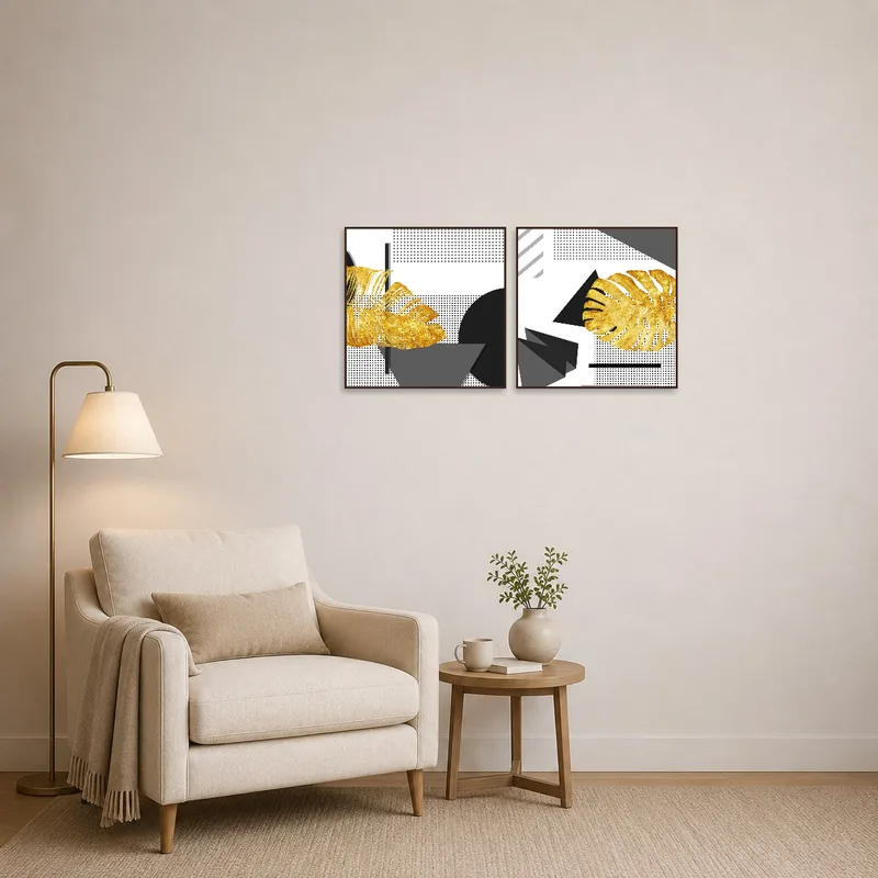 Artistic geometric designs with gold accents enhancing a cozy reading corner.