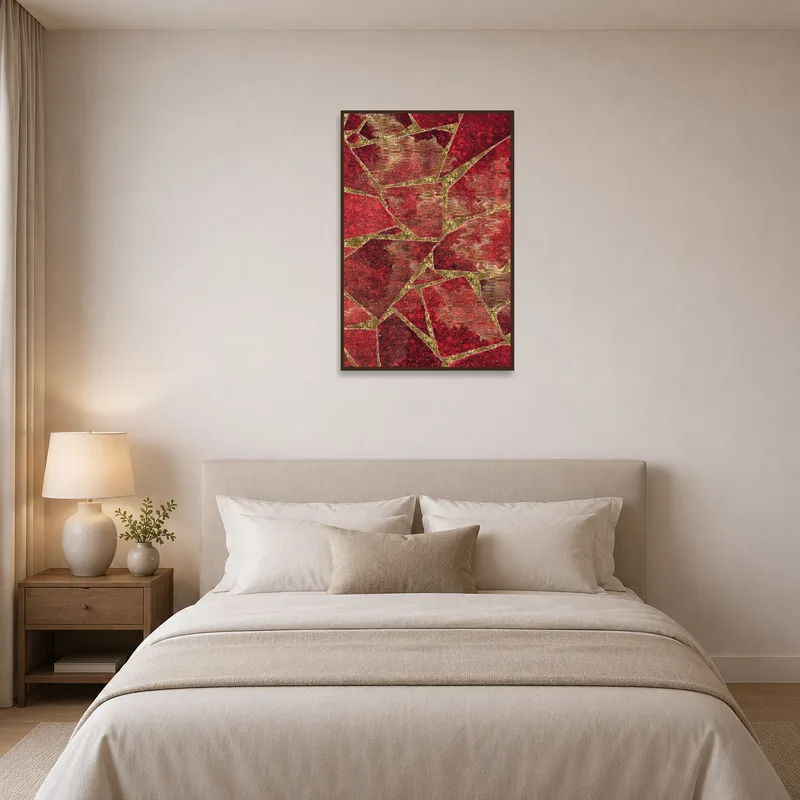 Geometric red and gold print brightening up a bedroom wall.