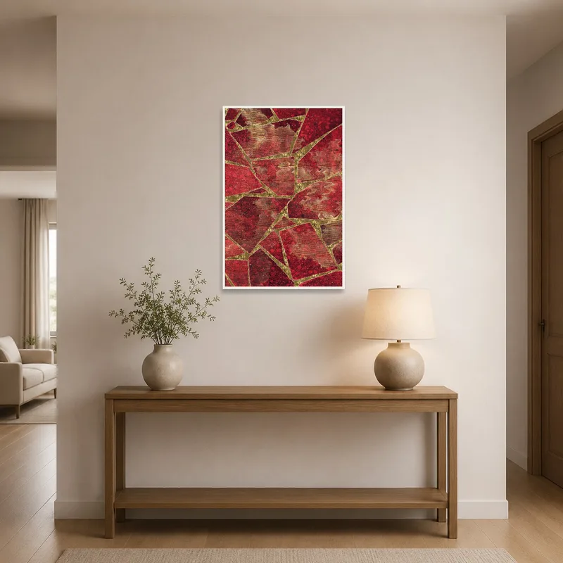 Geometric red and gold mosaic artwork enhancing an entrance hall.