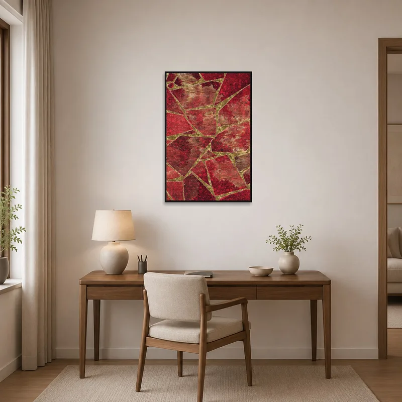 A striking geometric mosaic art print in a stylish home office.