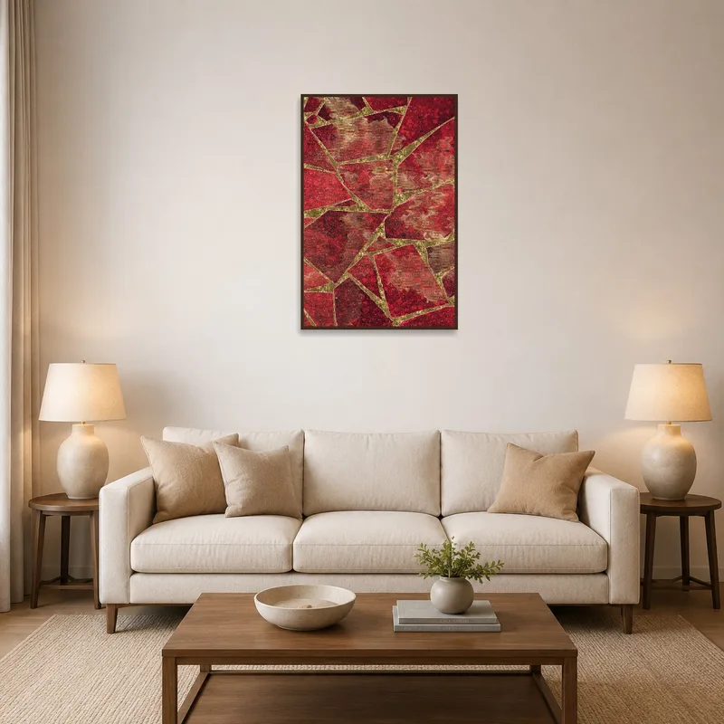 A geometric red and gold mosaic art piece in a modern living room setting.
