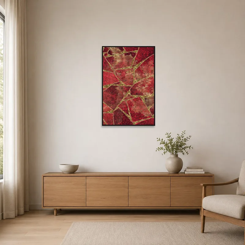 A geometric red and gold mosaic art print on a minimalist wall.