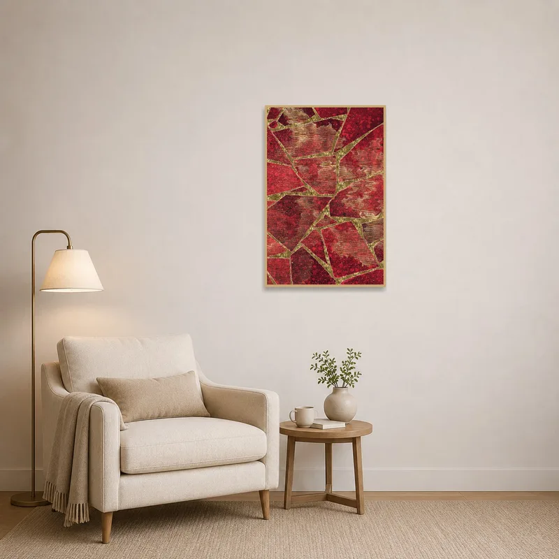 A vibrant geometric mosaic art piece adds color to a reading corner.