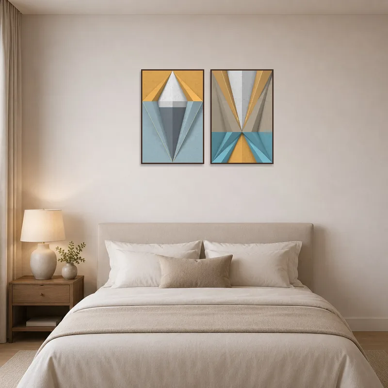 Geometric art prints bring a modern touch to a cozy bedroom.