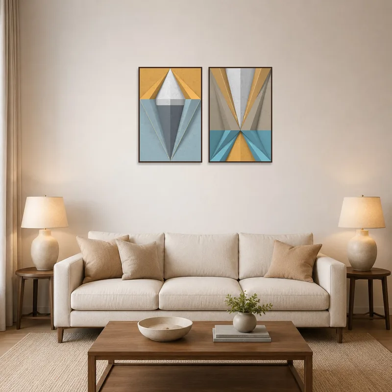 Modern art prints with geometric shapes in a stylish living room.
