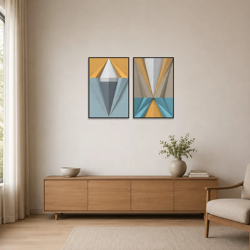 Geometric art prints enhancing a minimalist space with bold shapes.