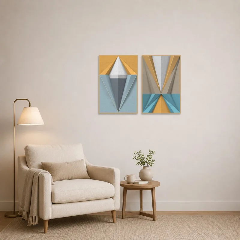 Reading corner with abstract geometric art prints adding interest.