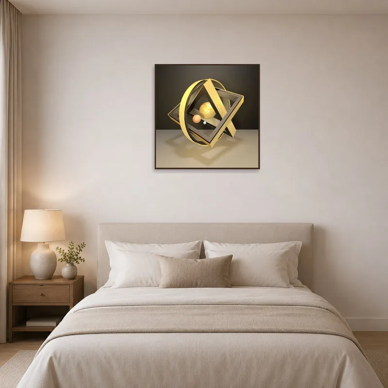 Bedroom adorned with Geometric Solar System art in warm gold tones behind the bed.