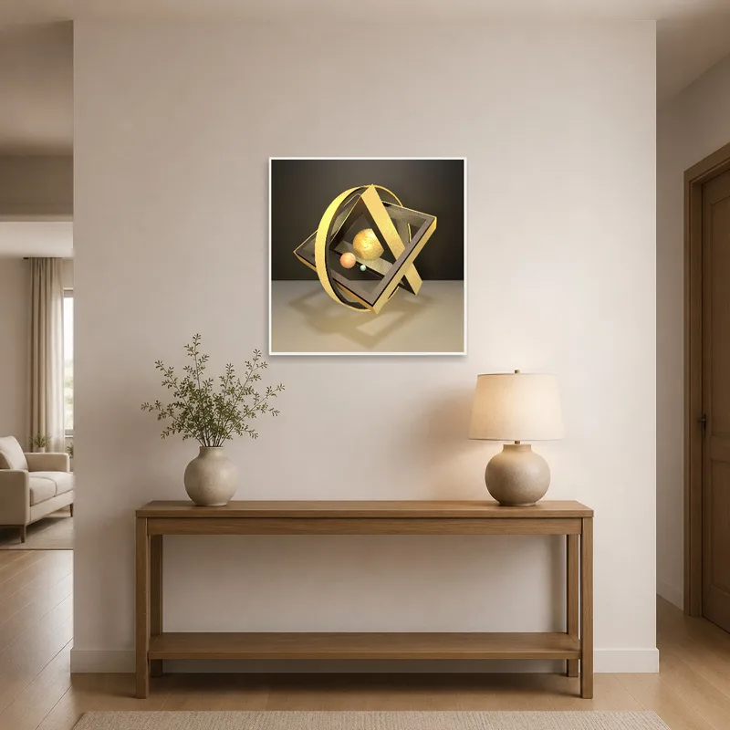 Entrance hall displaying Geometric Solar System artwork with golden colors near the entryway.