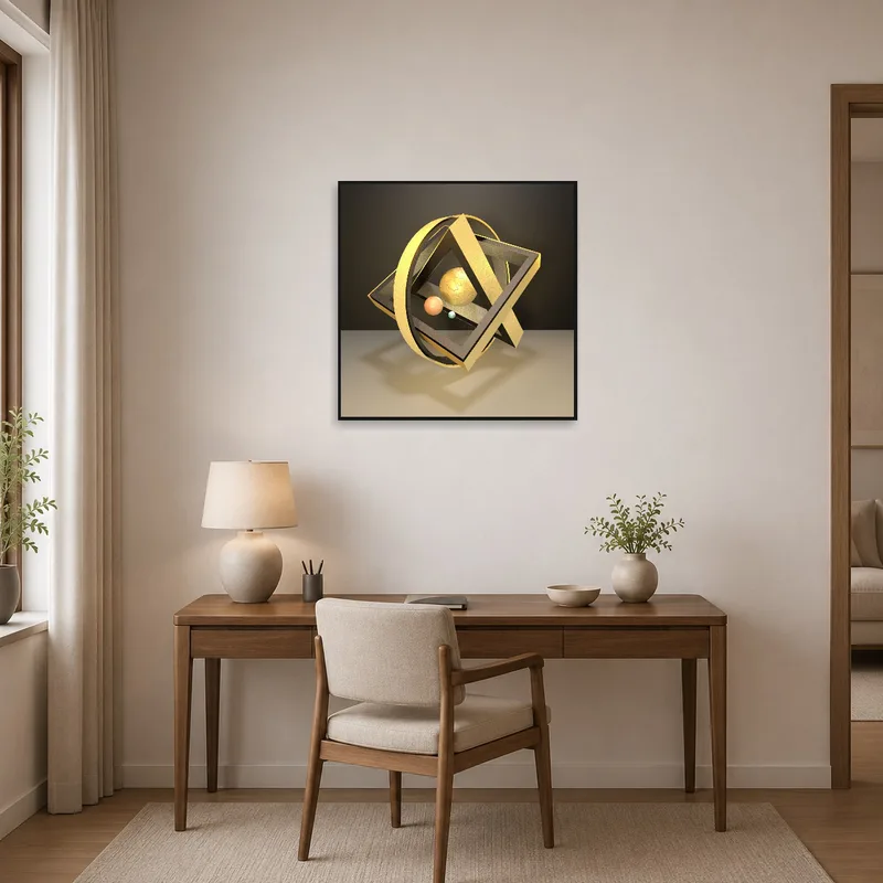 Home office showcasing Geometric Solar System art with golden hues for an inspiring workspace.