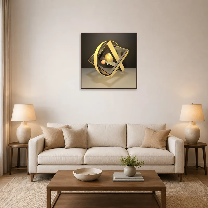 A living room featuring Geometric Solar System art with golden tones above a modern sofa.