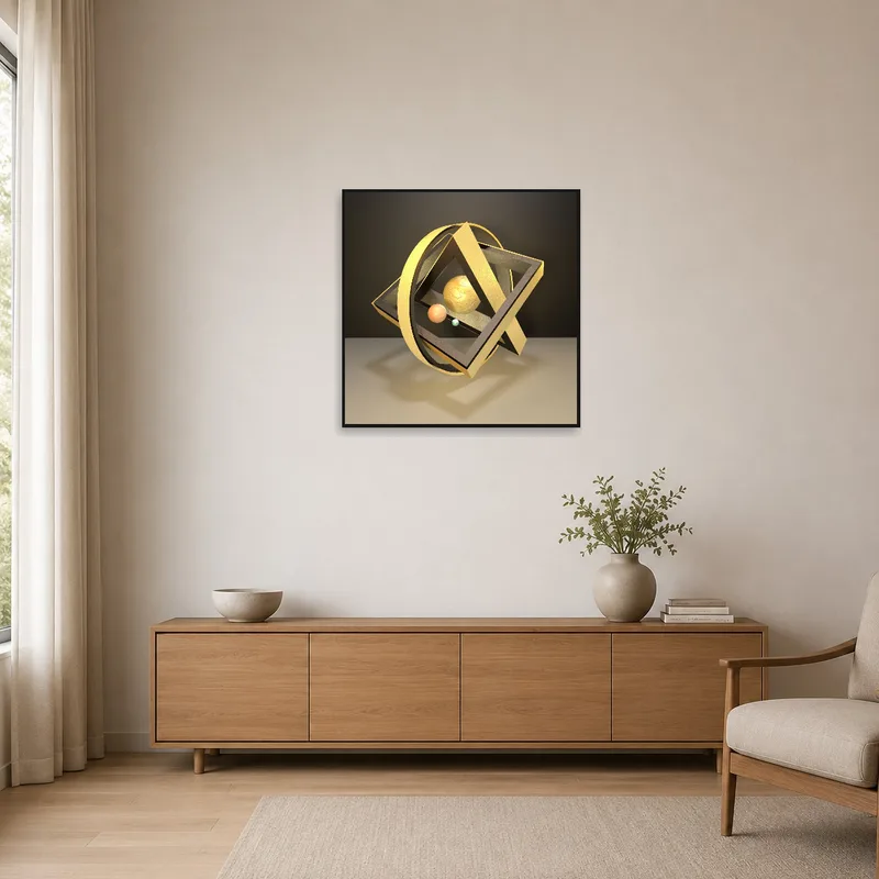 Minimalist room highlighting Geometric Solar System art in gold hues on a bare wall.