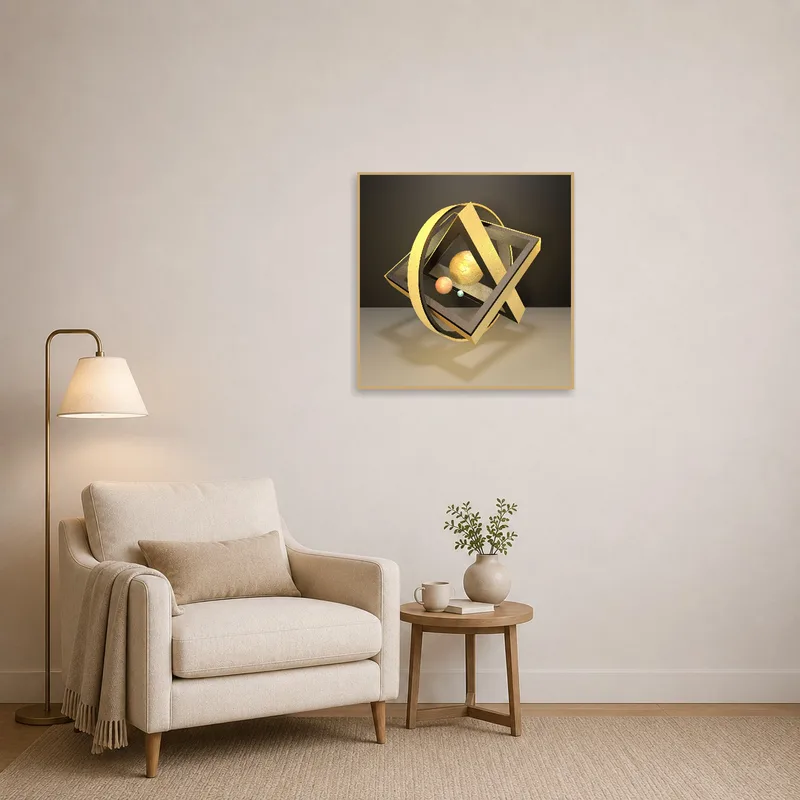 Reading corner with Geometric Solar System art in gold shades enhancing the cozy space.