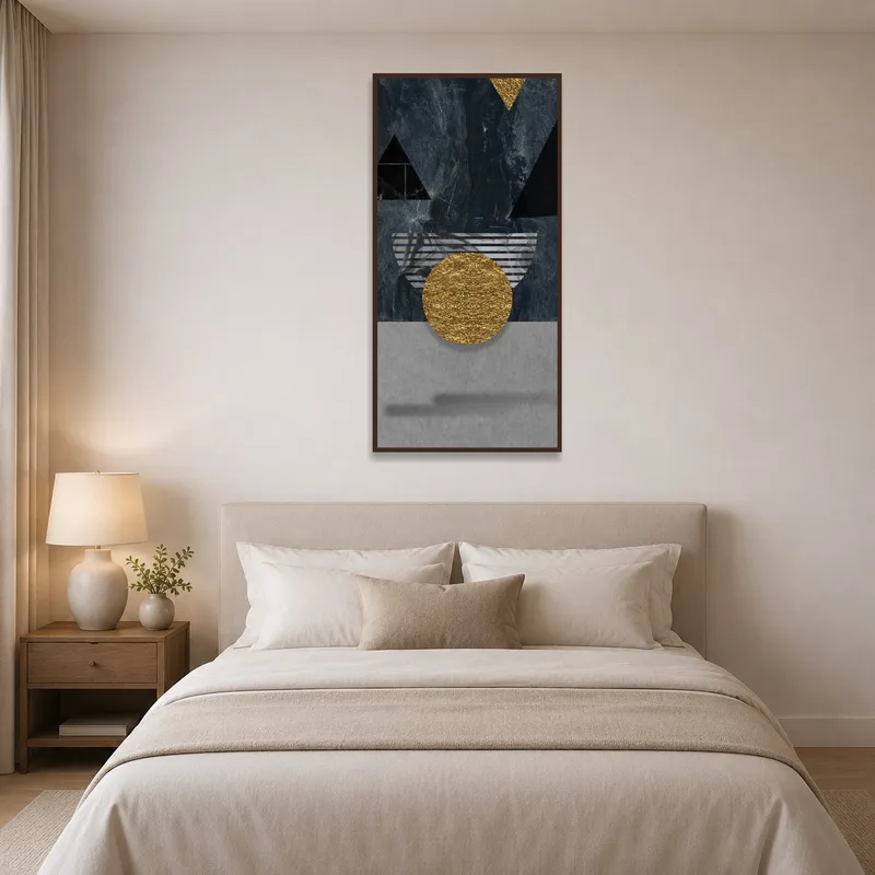 Geometric Sophistication in Dark Hues art print hanging above a bedroom headboard.