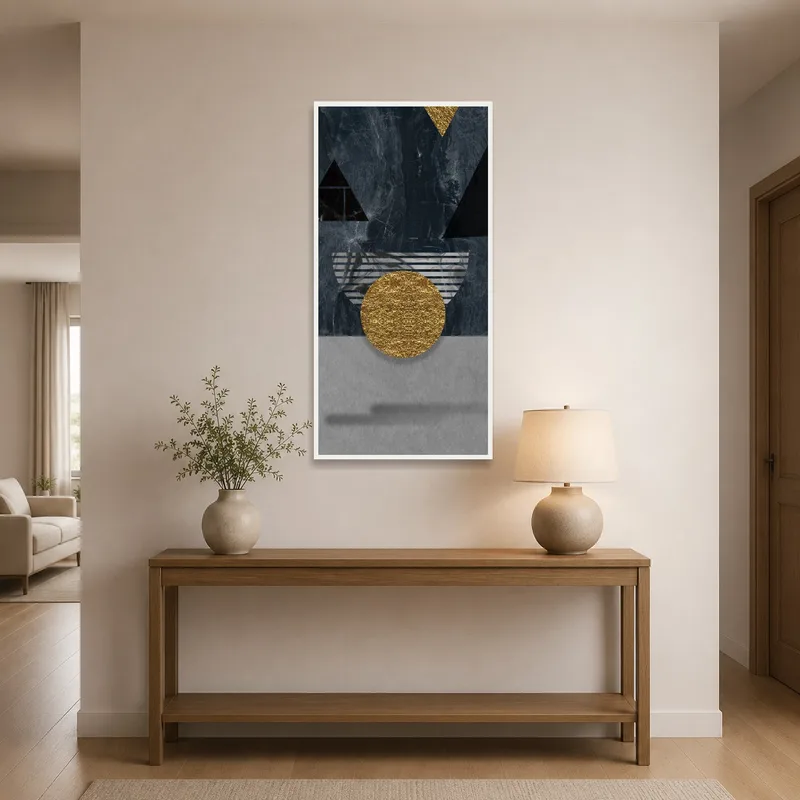 Geometric Sophistication in Dark Hues art print in a spacious entrance hall.