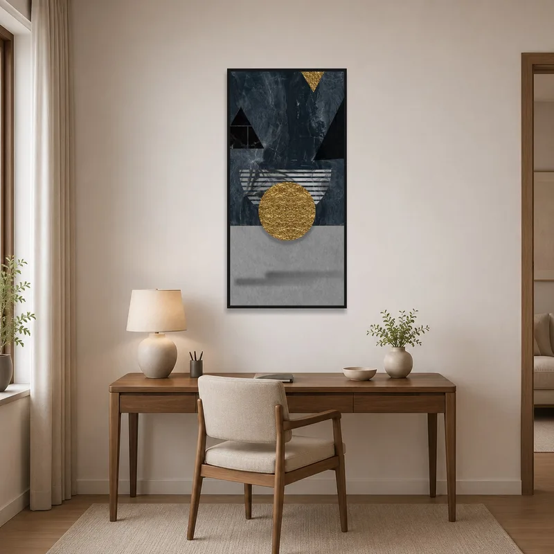 Geometric Sophistication in Dark Hues art print on a wall in a stylish home office.
