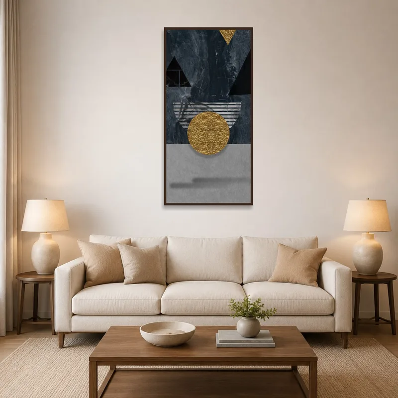 Geometric Sophistication in Dark Hues art print above a modern living room sofa.